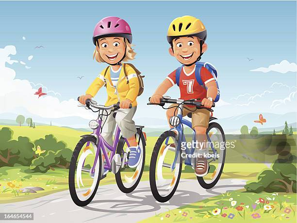 A girl and a boy with cycling helmets and a backpack riding bikes in the countryside. EPS 8, fully editable, grouped and labeled in layers.
